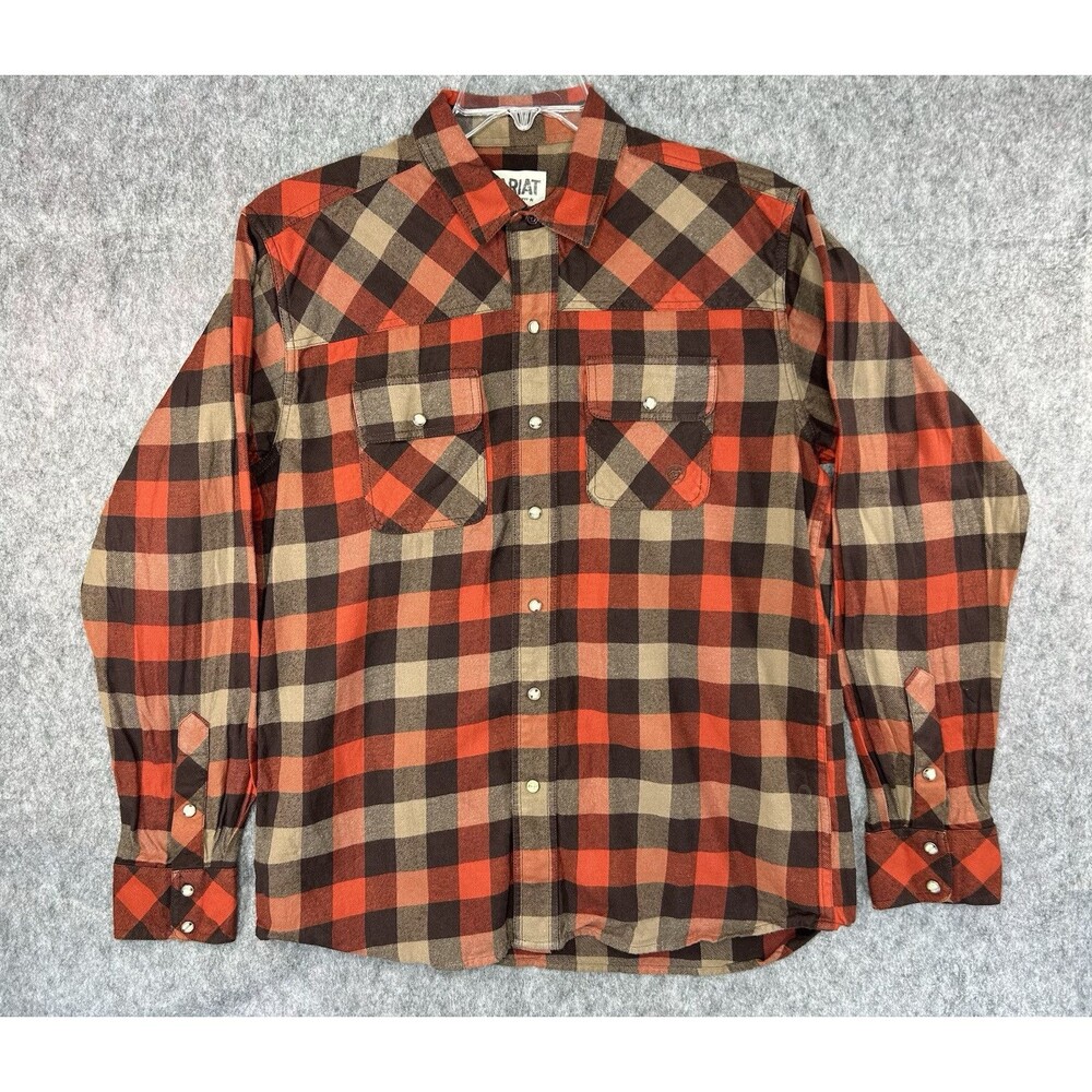 Ariat Shirt Men L Buffalo Plaid Long Sleeve Pearl Snap Flannel Retro Fit
